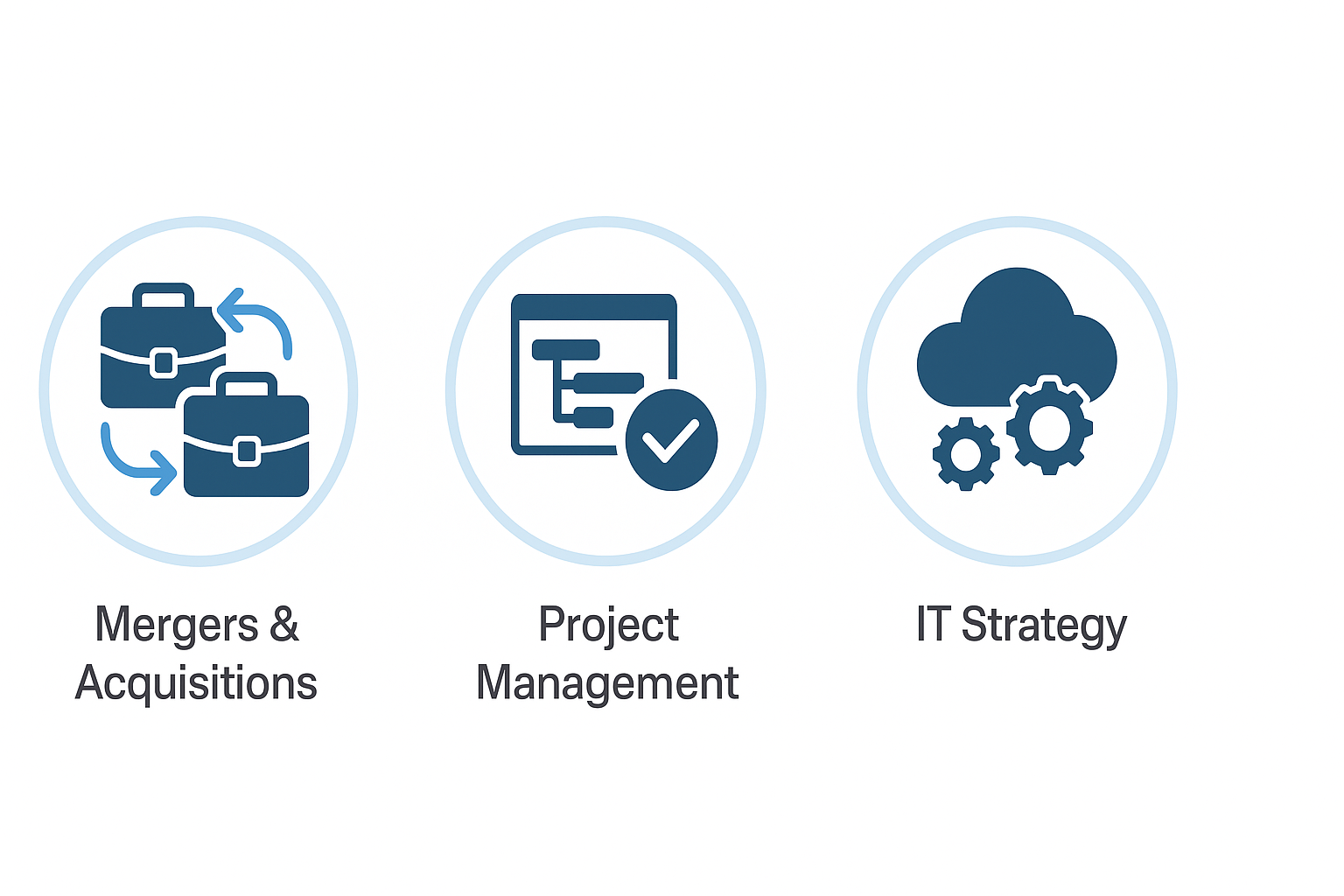Icons representing Mergers & Acquisitions, Project Management, and IT Strategy